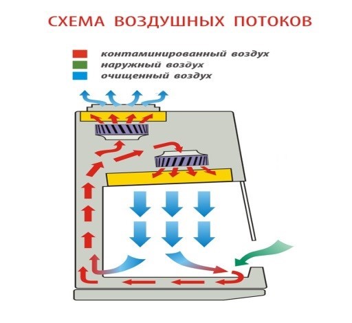 Бокс (шкаф) биологической безопасности, класс II (тип A2), вертикальный поток, ширина рабочей поверхности 90 см,  ВА safe-0,9 с подставкой, Белаквилон, схема воздушных потоков