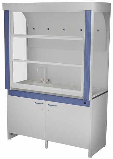 Шкаф вытяжной для мытья посуды, ширина 150 см, корпус – металл, столешница – полипропилен, боковые панели – стекло