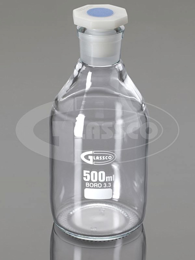Бутыль 50 мл, БС до 500 °С, со шлифом и ПЭ пробкой, круглая, светлое стекло, 10 шт./уп., Glassco
