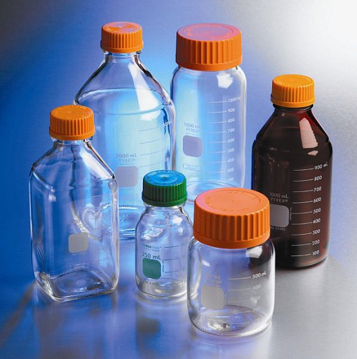 Бутыль 500 мл, БС Pyrex до 500 °С, d горла внешний 45 мм, с завинчивающейся крышкой, круглая, темное стекло, 4 шт/уп
